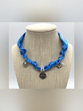 Satin Blue Scarf Necklace Silver Charms Boho Coastal Preppy Nautical Cottagecore